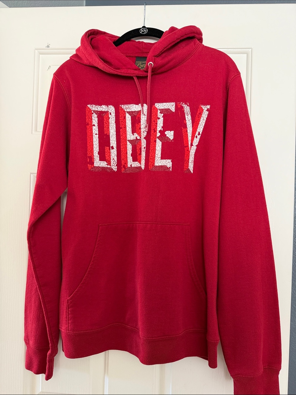 Obey Red Hoodie with Distressed Chest Logo